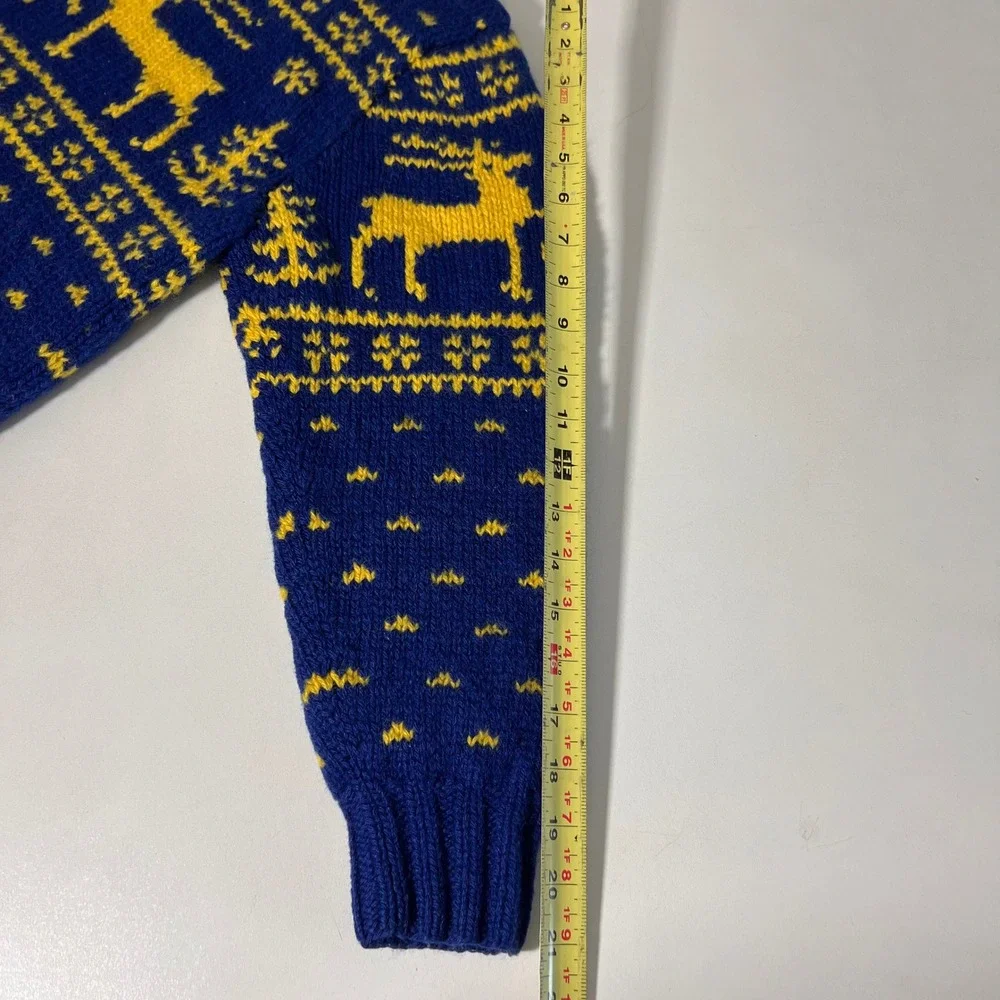 Vintage Ralph Lauren Sweater Mens S‎ Blue Wool Hand Knit Reindeer Fair Isle